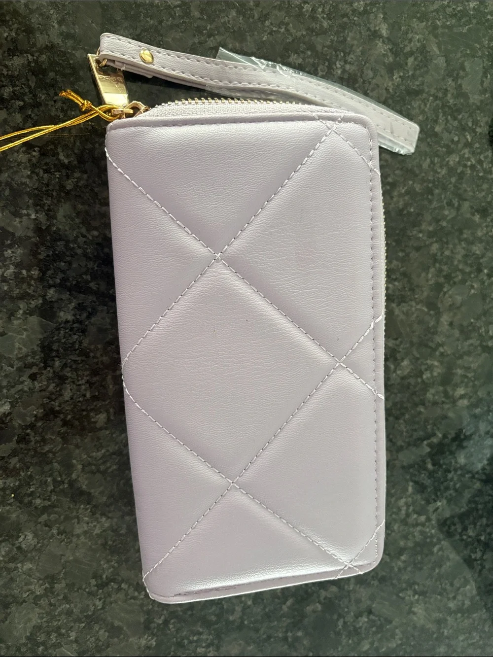 bebe Quilted Lilac Zip Wristlet with Gold Logo
